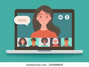 Virtual meeting video conference call using laptop computer chatting with colleagues. Online communication and telecommuting concept vector illustration