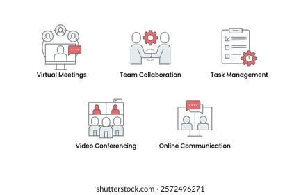  Virtual Meetings and Collaboration icon set. Includes Virtual Meetings, Team Collaboration, Task Management, Video Conferencing, and Online Communication icons. Vector icon set.