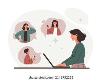 Concepto de reuniones virtuales. Un joven en una laptop se comunica con amigos o colegas. Empleados y socios remotos. Tecnologías modernas y videoconferencia. Dibujo vectorial plano de dibujos animados