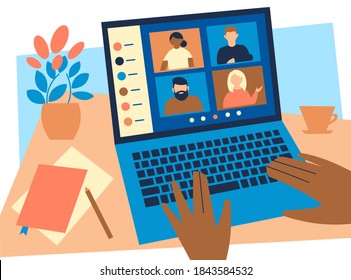 Virtual meetings of people for work, study, conversations with friends. Concept of video conferencing, webinar, remote work. Flat, isolated image of workplace, laptop, hands and people. Vector stock.