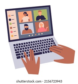 Virtual meetings of people for work, study, conversations with friends. Flat, isolated image of laptop, hands and screen with people. Concept of video conferencing, webinar, remote work. Vector stock.