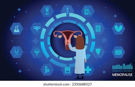 virtual Menopause. Сoncept of menopause and hormone replacement therapy. Multiple virtual medical icons.