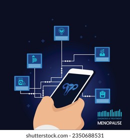Menopausia virtual. С concepto de menopausia y tratamiento hormonal sustitutivo. Varios iconos médicos virtuales.