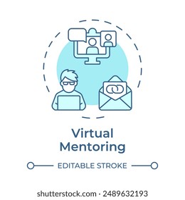 Virtual mentoring soft blue concept icon. Remote guidance. Professional development online. Video call. Round shape line illustration. Abstract idea. Graphic design. Easy to use in blog post