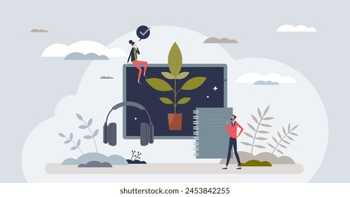 Virtual mentorship and distant assistance from leader tiny person concept. Remote online motivation lesson as effective team inspiration and mentoring vector illustration. Self development and growth