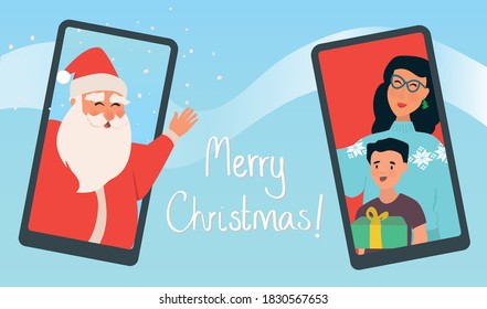 Virtual Merry Christmas 2020 Family Gathering Online-Telefonanruf, Santa's Groto, Weihnachtsgeschenke online teilen Video-Call, Quarantäne, Social Distancing Party mit handgeschriebenem Winterhintergrund