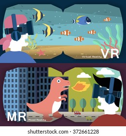 virtual and mixed reality in flat design style