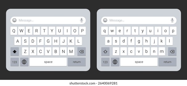 Virtual mobile keyboard layout vector with uppercase and lowercase keys on a dark background, touchscreen typing interface for smartphone UI design