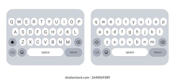 Virtual mobile keyboard layout vector with uppercase and lowercase keys on a transparent background, touchscreen typing interface for smartphone UI design