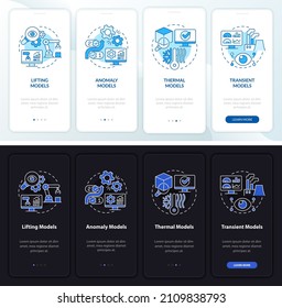 Virtual modeling night and day mode onboarding mobile app screen. Walkthrough 4 steps graphic instructions pages with linear concepts. UI, UX, GUI template. Myriad Pro-Bold, Regular fonts used