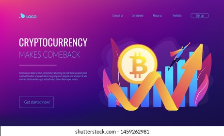 Virtual money capitalization rise. Blockchain technology. Cryptocurrency makes comeback, bitcoin price back, cryptocurrency market growth concept. Website homepage landing web page template.