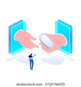 Troca de dinheiro virtual entre telas digitais com interação humana em ambiente financeiro descentralizado. Duas mãos transferem uma moeda através de telas. Transação ponto a ponto, financiamento digital