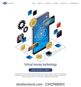 Virtual money technology, digital currency 3d isometric vector concept illustration