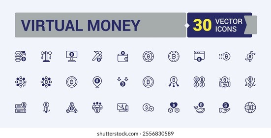 Virtual Money vector line icon set. Featuring web, earning, trade, finance, electronic, tech and more. Simple icon designs. Editable vector outline and solid icons.