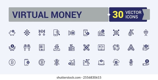 Virtual Money vector line icon set. Featuring web, earning, trade, finance, electronic, tech and more. Simple icon designs. Editable vector outline and solid icons.