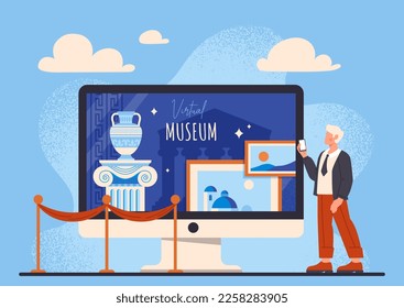 Virtual museum concept. Man with smartphone stands near computer monitor. Old porcelain vase with abstract blue and white patterns on exhibition. Culture and history. Cartoon flat vector illustration