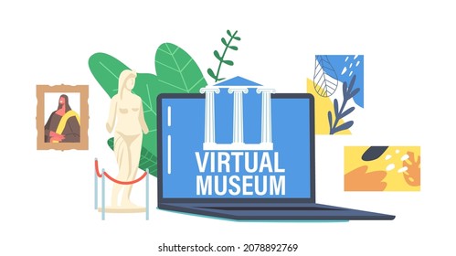 Virtual Museum, Interactive Exhibition Concept. Home Leisure Internet Technology, Virtual Education and Entertainment. Laptop Screen with World Museum and Exhibits Online. Cartoon Vector Illustration