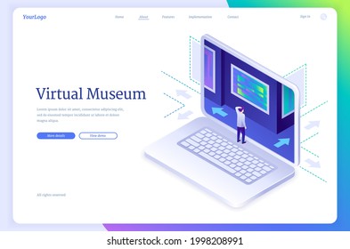 Virtual Museum Isometric Landing Page. Online Exhibition Digital Tour To Art Gallery, Tiny Character At Huge Laptop With Masterpiece On Screen. Home Leisure Internet Technology 3d Vector Web Banner