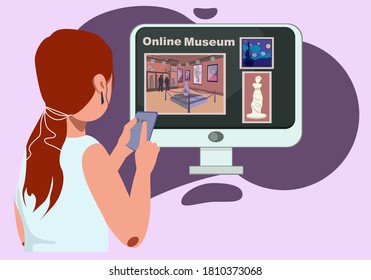 Virtual Museum In Modern Laptop. Online Museum Stock Vector Illustration. Woman Visiting Art Exhibition With Tablet Computer At Home In Comfort. Virtual Museum And Art Gallery Interactive Tour Vector 