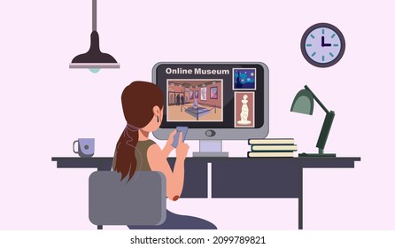 Virtual Museum In Modern Laptop. Online Museum Stock Vector Illustration. Woman Visiting Art Exhibition With Tablet Computer At Home In Comfort. Virtual Museum And Art Gallery Interactive Tour Vector