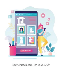 Virtual museum on smartphone screen.  Art exhibition with cellphone at distance in comfort. Virtual museum and art gallery interactive tour. Woman using online museum application. vector illustration