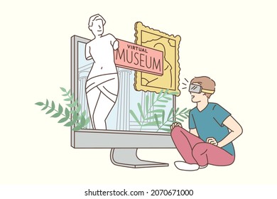 Virtual museum and technologies concept. Smiling boy cartoon character sitting looking at laptop screen with virtual museum online vector illustration 