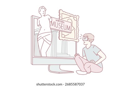 Conceito de museu virtual e tecnologias. Menino sorridente personagem de desenho animado sentado olhando para a tela do laptop com museu virtual ilustração vetor online