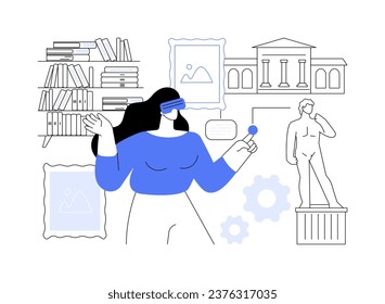 Virtual museum visit isolated cartoon vector illustrations. Student girl with VR simulator for visiting virtual museum, distance learning, field trip, flexible schedule vector cartoon.