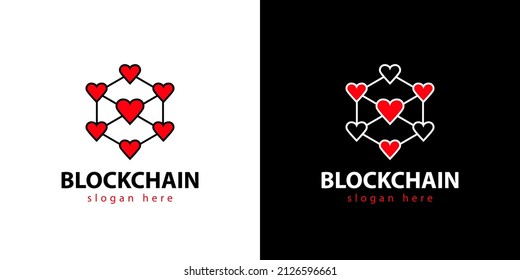 Red virtual de corazones rojos. Concepto del logotipo de Blockchain 