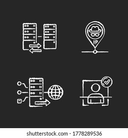 Virtual networking chalk white icons set on black background. User authentication, hidden IP, forward and reverse proxy servers. Secure VPS technologies. Isolated vector chalkboard illustrations