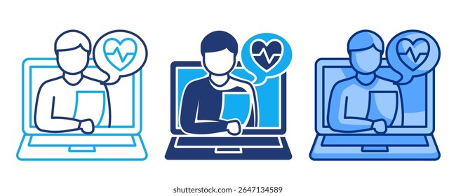 Virtual nurse icon represented by nurse in laptop screen Blue, Dualline, Dualtone style.