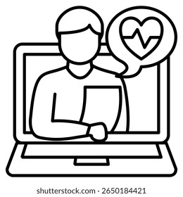 Virtual nurse icon represented by nurse in laptop screen Line style.