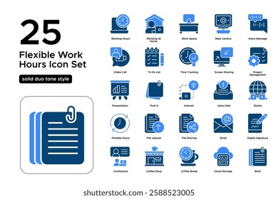 Virtual Office and Digital Nomad Life. Work from Anywhere, Internet Jobs, and Online Meetings. Vector Illustration. Solid duo tone icon set