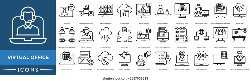 Virtual Office icon. Video Chat, Remote Collaboration, Video Conferencing, Cloud Storage and Virtual Meeting