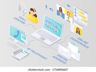 Virtual Office Isometric Concept Remote Workspaces Vector Illustration