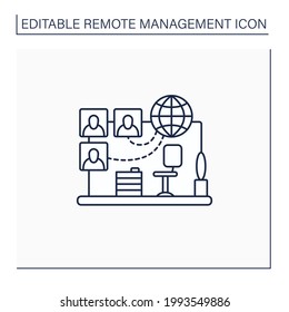 Virtual office line icon. Distance work. Global network. People communicate online. Remote management concept.Isolated vector illustration. Editable stroke
