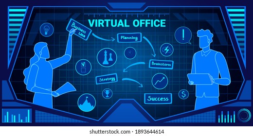 Ilustración vectorial del servicio de oficina virtual. 3d holograma de futurista ciberempresario digital que trabaja con datos de tecnología empresarial, lluvia de ideas y planificación. fondo de tecnología de futuro de ai infográfico