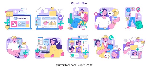 Virtual office set. Professionals engaging in online tasks. Website browsing, data analysis, video call participation, remote work, and digital communication. Flat vector illustration