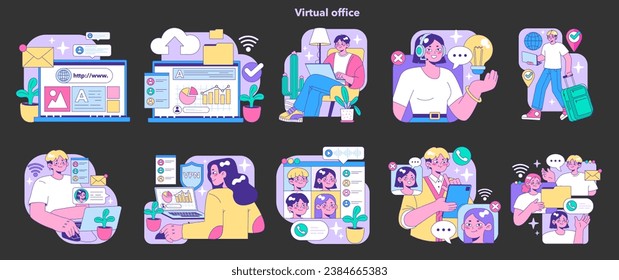 Virtual office set. Professionals engaging in online tasks. Website browsing, data analysis, video call participation, remote work, and digital communication. Flat vector illustration