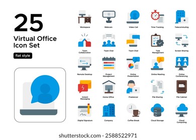 Virtual Office Setup. Remote Work, Business Communication, and Cloud Solutions. Vector Illustration. Flat icon set