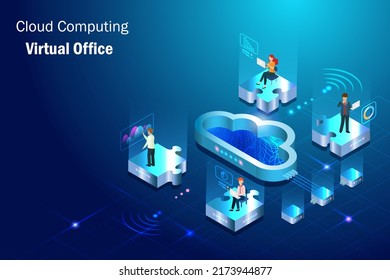 Virtual Office Teamwork With Cloud Computing Technology. Business Team Working On Jigsaw Puzzles To Complete Success Project Via Cloud Computing On Wireless Technology. 