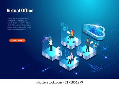 Virtual Office Telecommuting, Business Teamwork, Partnership And Collaboration. Business Team Working On Jigsaw Puzzles To Complete Success Project Via Cloud Computing On Wireless Technology. 
