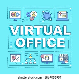 Virtual Office Word Concepts Banner. Remote Workplace. Communication, Collaboration. Infographics With Linear Icons On Turquoise Background. Isolated Typography. Vector Outline RGB Color Illustration