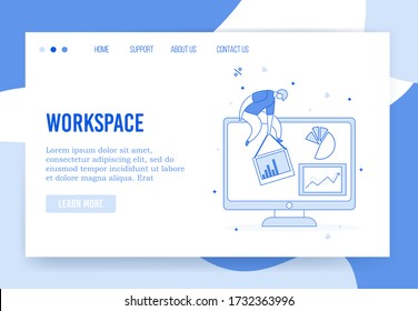 Virtual office workspace organization landing page. Business platforms, digital service for collecting financial data analytic statistics. Tiny employee sit on monitor display finance report in charts
