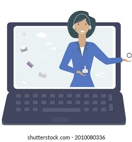 El asistente virtual en línea realiza un diálogo utilizando una aplicación de vídeo en el equipo. El concepto de comunicación remota con el cliente mediante gadgets. Para la página, web, diseño, diseño