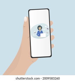 A virtual online assistant providing technical support in the hand with a smartphone. The concept of communication between the operator and the client on the mobile phone screen. For a page, website, 