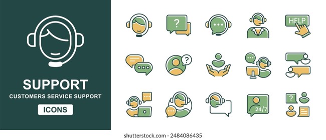 virtual online client support assistance icon vector set customers care assistant service business technical help signs illustration for web and app