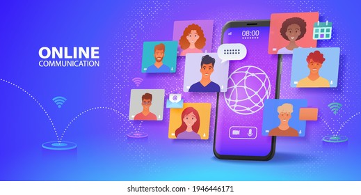Virtual online communication via video conference app banner. Using smartphone chatting with colleagues via wireless network online