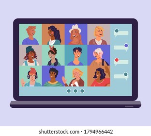 Virtual online conference concept - laptop with online chat avatars of people connected to online chat. Internet communication and computer technology for business and life. Flat vector illustration.