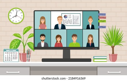 Virtual online conference. Video business meet. Remote teleconference. Distance group call from home. Webinar room for businessmen team. Vector illustration. Flat design.